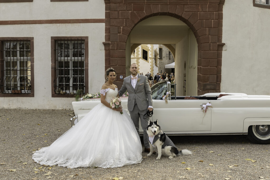 photo de couple de mariées avec leurs chien